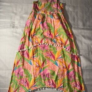 Forever Me Tropical Leaf Print Kids Dress with Pom-Pom Trim